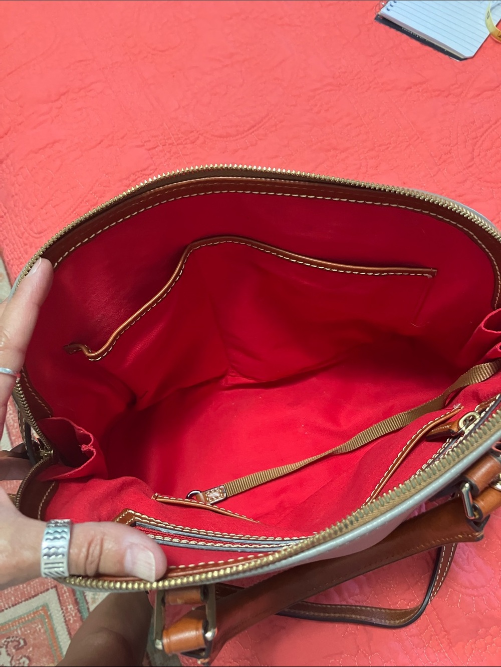 Dooney & Bourke Light Gray Pebble Leather Satchel with Brown Trim - Picture 6 of 6